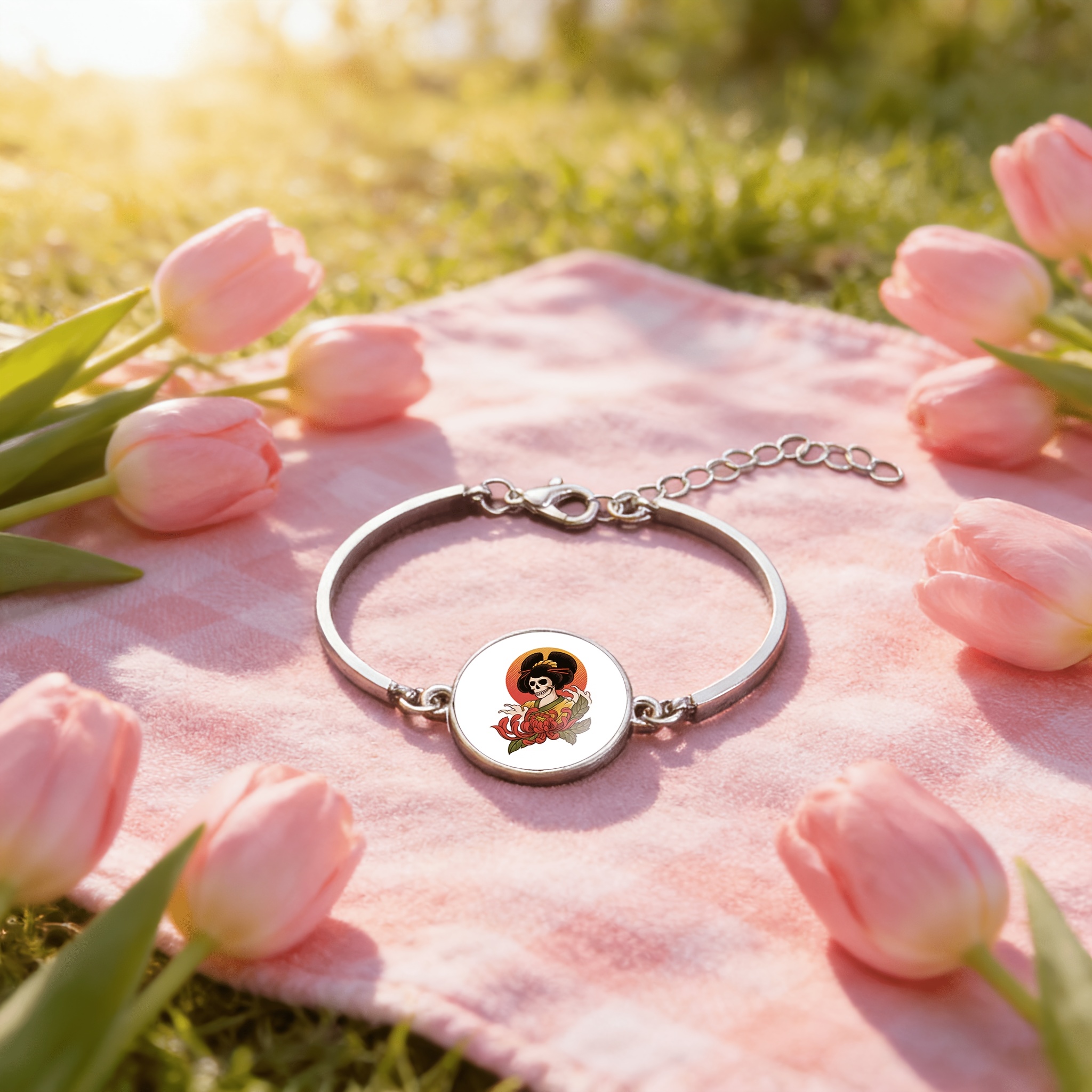 Adjustable Bracelet with Round Time Gem Inlaid Classic Skull Design