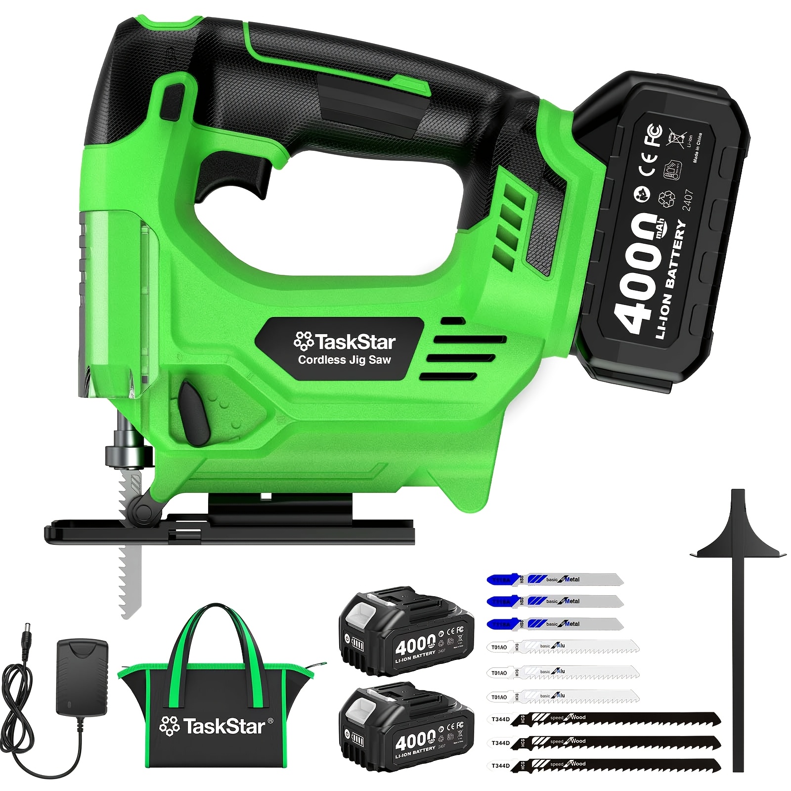 TEMU Taskstar Cordless Jig Saw Tool With Dual 4.0 Ah Batteries, 9 , 0-45° Cutting, 6 Orbital Settings, Led Light, Lightweight Electric Jig Saw For