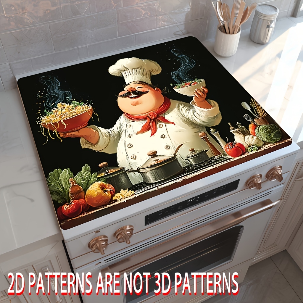 TEMU 1pc, 2d Flat Printing Gas Stove Top Protector Cover,stove Cover And Furnace Top Decorative Mat, Chef Cooking Pasta With Tomatoes,versatile,