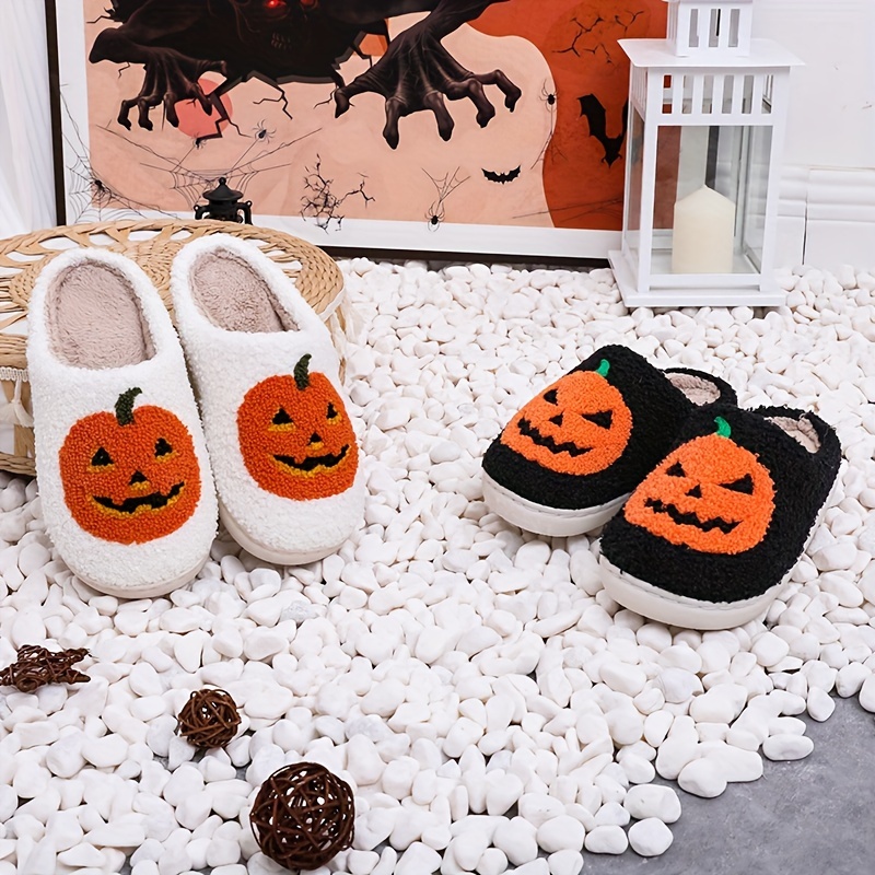 

Men's Style Pumpkin Pattern Hollow Out Fuzzy Slippers, Comfy Non Slip Durable Thermal Slides, Men's Winter Indoor Footwear