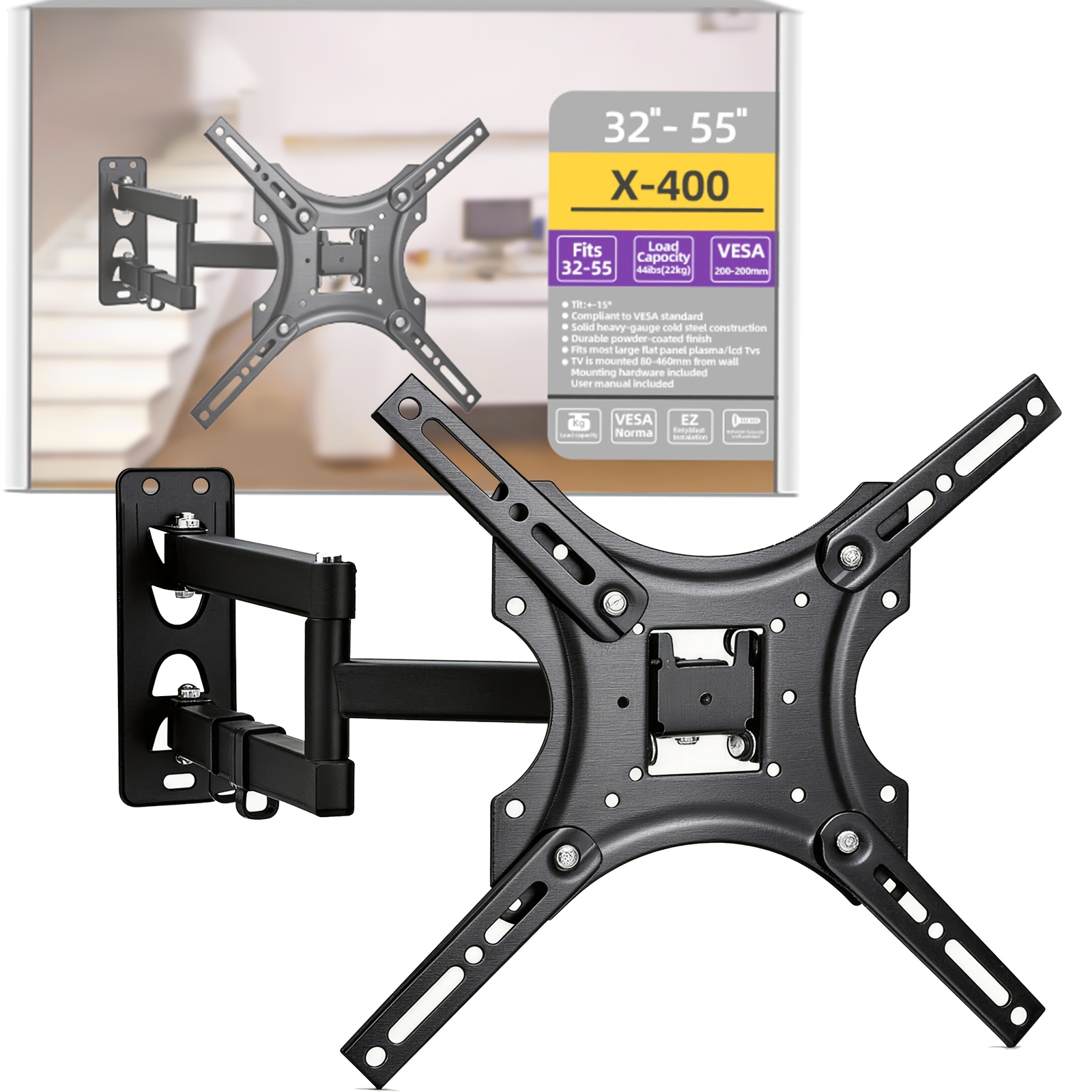 TEMU LOVFEN Support Mural TV Orientable, Articulé, avec Pivotement et Inclinaison, pour Téléviseurs de 26" à 55" et Panneaux Plats jusqu'à 80 Lbs,