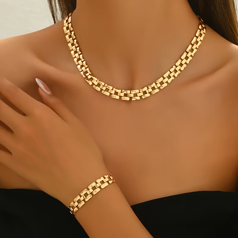 2pcs Elegant Stainless Steel Golden Casual Wedding Party Wide Geometric Chain Bracelet Necklace Set