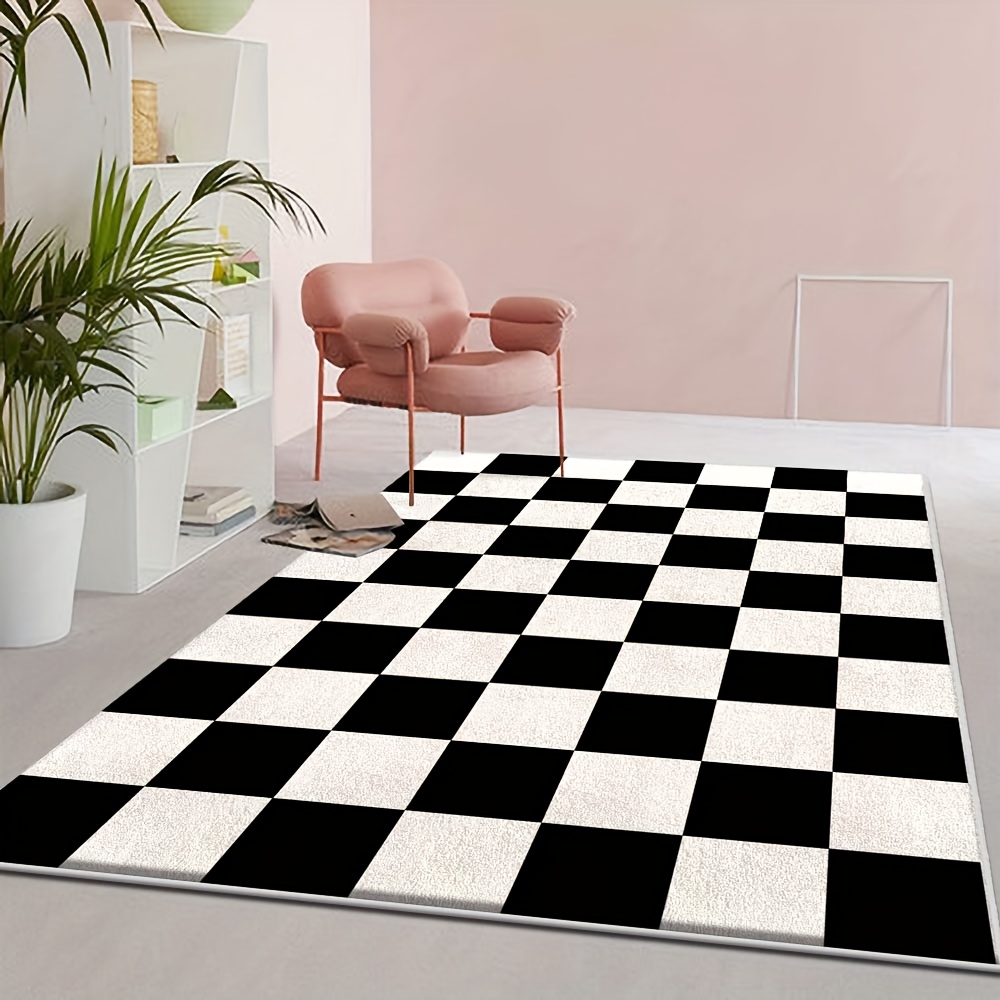 TEMU And White Checkerboard , Non-slip Decorative Velvet Rug For Modern Homes. Features Minimalist, Light Luxury, Vintage, And Gradient Color Designs