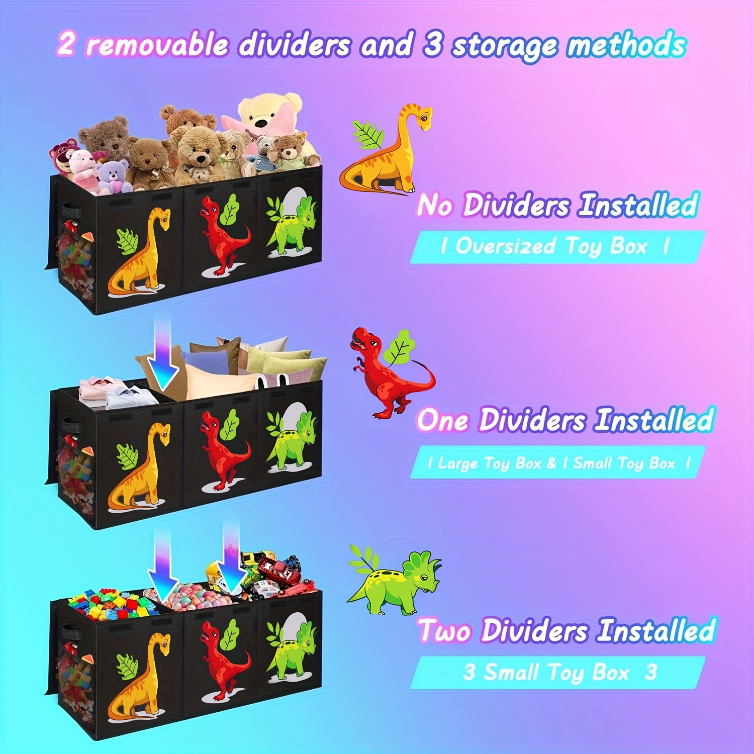 Extra Large Box, Collapsible Sturdy Storage Organizer With Lids, Dinosaur Box For 14+ Boys Girls, Chest Bin Baskets For Living Room, Playroom, Bedroom, Nursery, Black