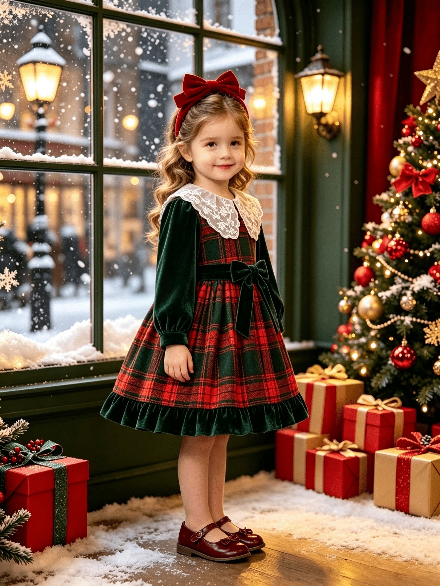 girls christmas dress dark green check princess