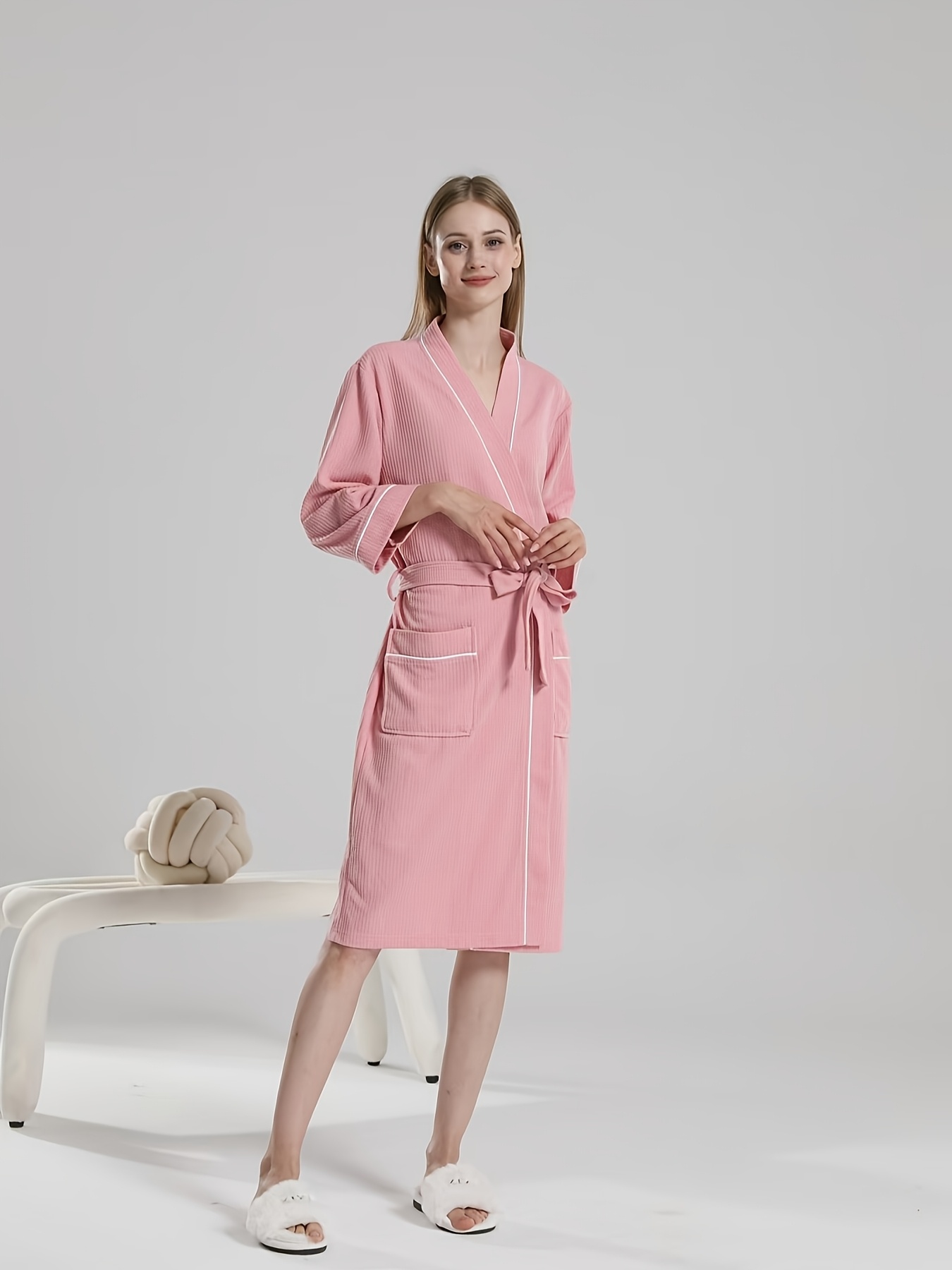 womens casual v neck waffle knit bathrobe pockets 100 - Temu