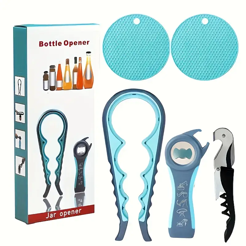 4pcs multi function bottle opener 4pcs multi function bottle opener set stainless kitchen tools with jar opener corkscrew cap twister non slip rubber pad ideal for weak hands no electricity needed details 1