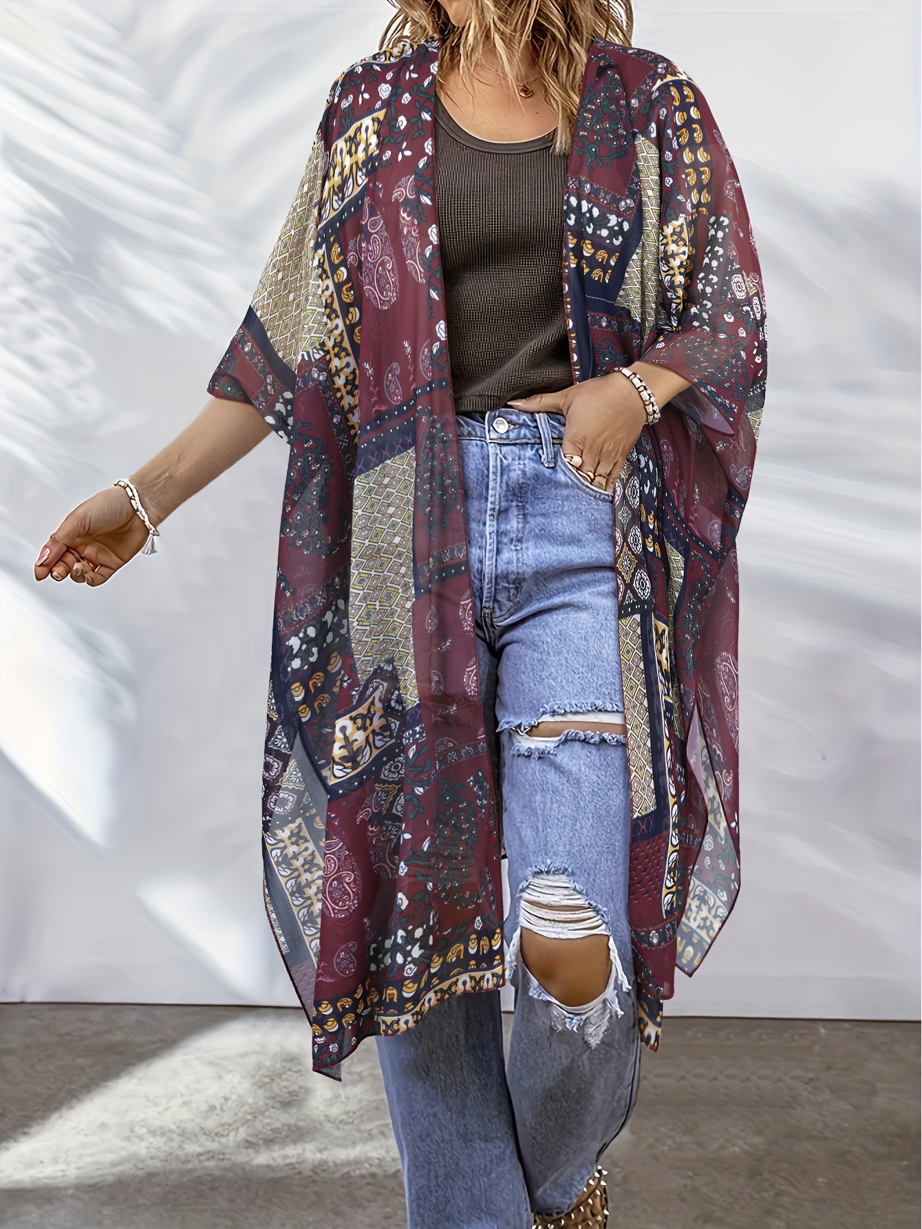 Boho-Chic V-Ausschnitt Strand-Strickjacke Leicht, nicht dehnbarer Stoff  mit lebendiger geometrischer Druck für Sommer Frühling, ideal für