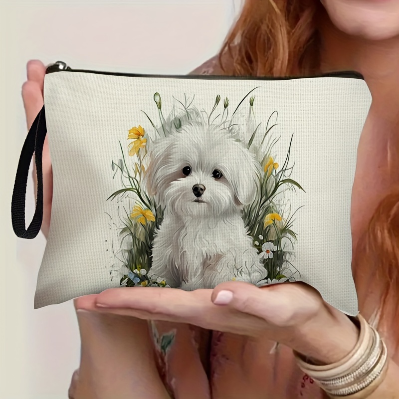 

Polyester Cosmetic Bag With Cute - Unisex-adult Zippered Pouch With Floral Print, Positioning Printing, Ideal For Travel & Daily Use - Unique Gift For Dog Lovers