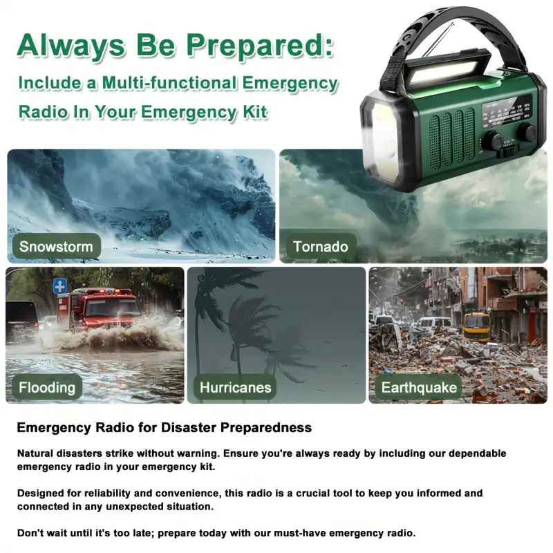 emergency hand crank radio with 10000mah 37000mwh battery backup am fm weather radio type c charge solar charging sos 3 led torch reading lamp compass for outdoor survival details 5