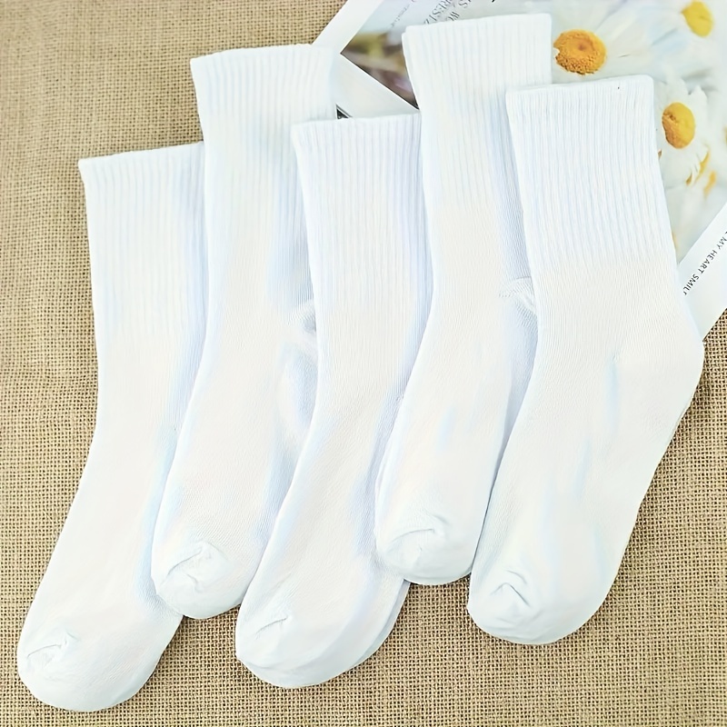 TEMU 5-pack Unisex Mid-calf Athletic Socks - 100% Polyester Knit Fabric With Striped Pattern, Breathable Comfort, Hand Wash Or Dry Clean Recommended