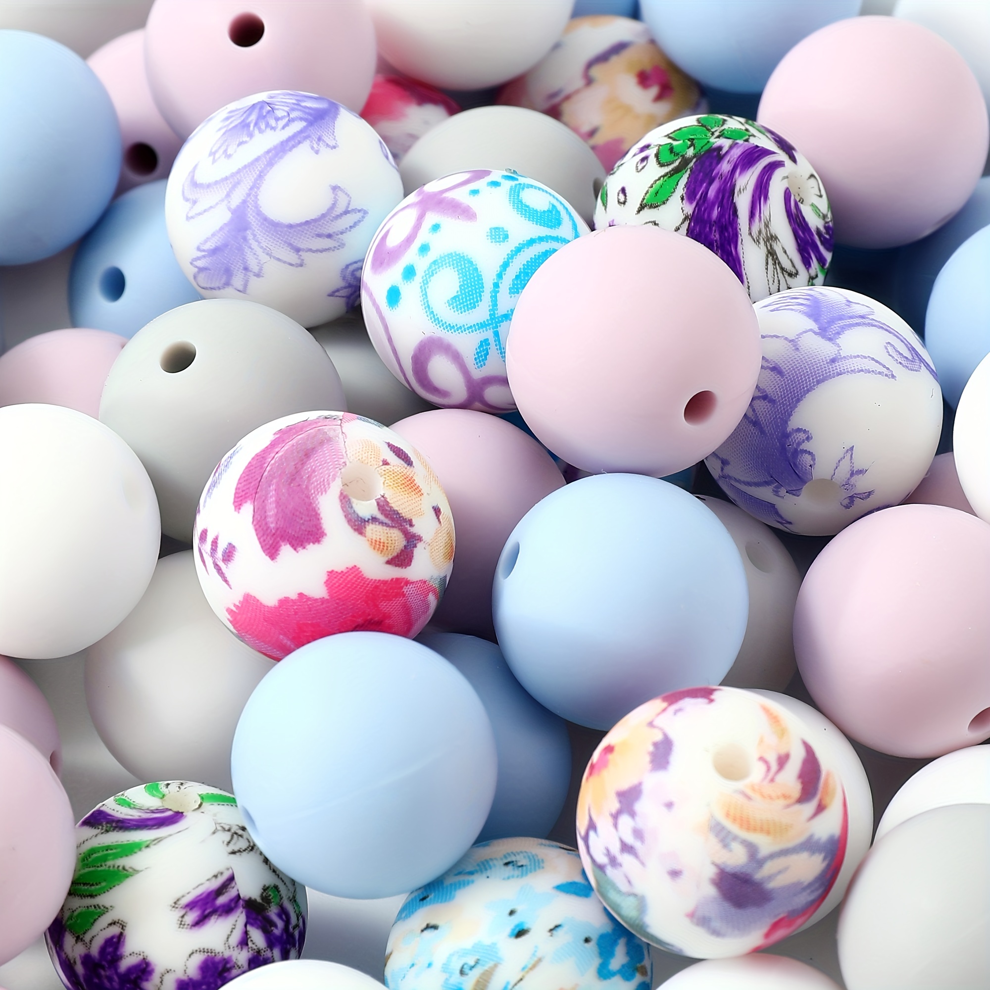 

50 Silicone Beads Mixed With Violet And Lilac Tones Flower Printed Round Craft Beads For Diy Bracelet Keychain Necklace Jewelry Making