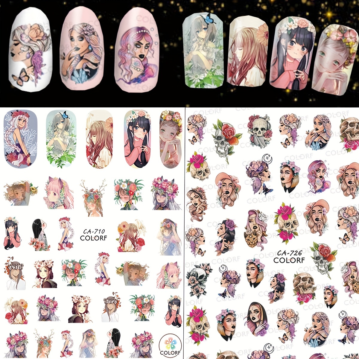 

2 Sheet Cartoon Comic Girl Design Nail Art Stickers, Self Adhesive Nail Art Decals For Nail Art Decoration, Nail Art Supplies For Women And Girls