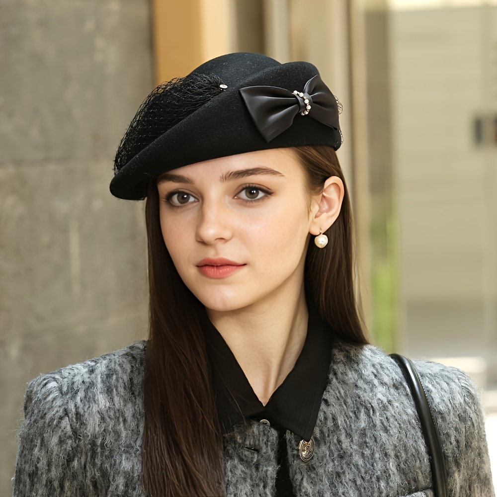 french mesh elegant bow hat wool wool beret - Temu display picture 1