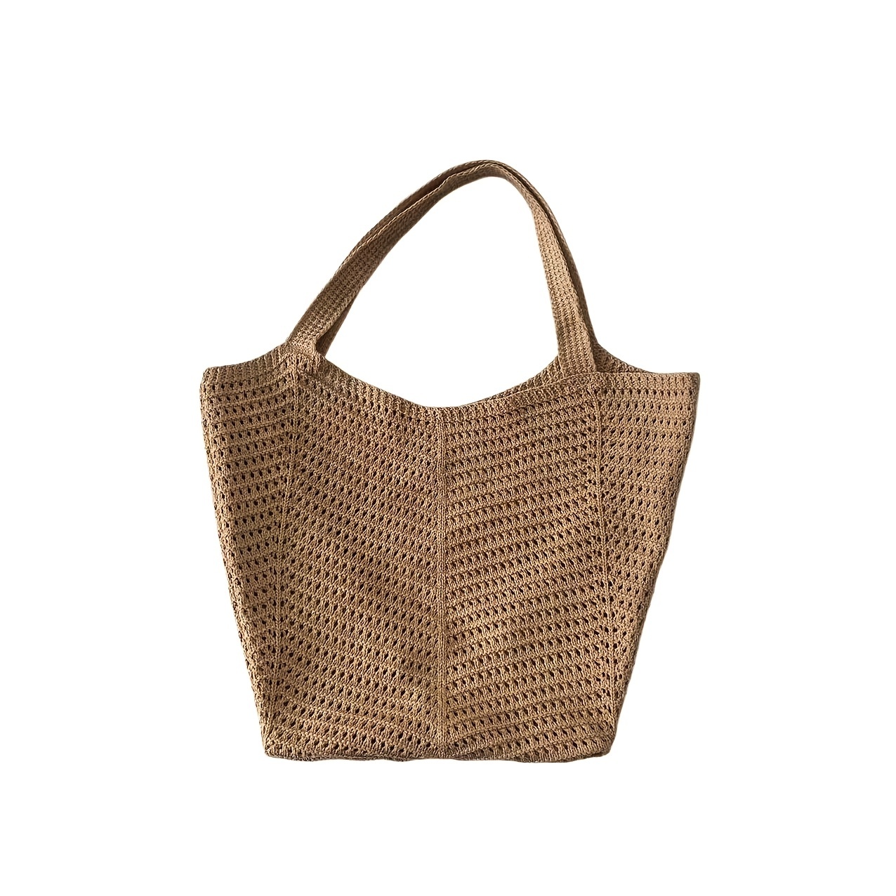TEMU Women's Casual Large-capacity Woven Bag - Beach Tote With Adjustable Shoulder Strap, Light Brown/white/yellow, Breathable Fabric Suitable For