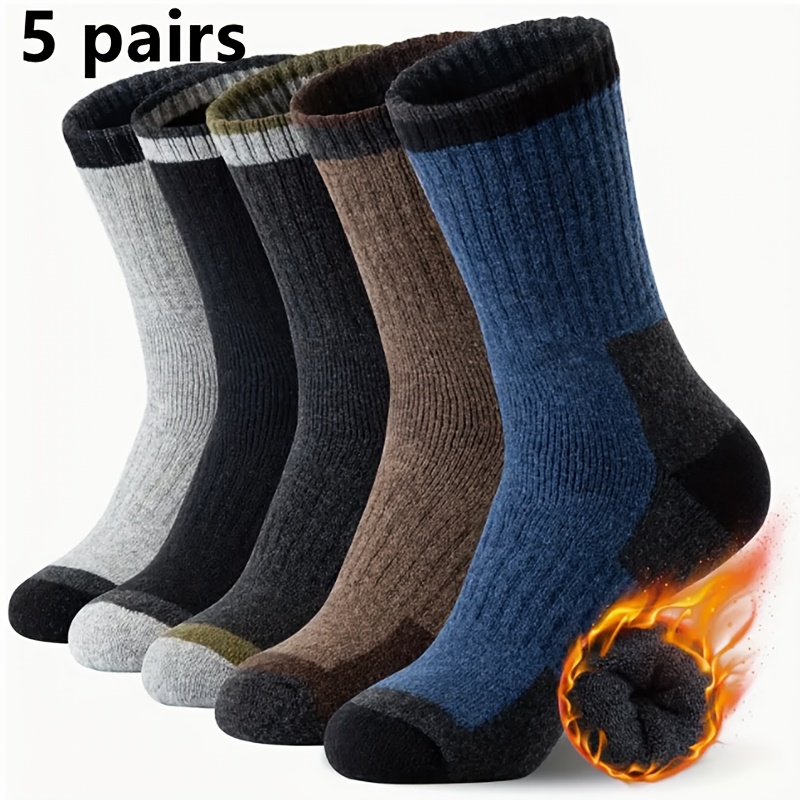TEMU 5 Pairs Men's Large Size Popular Terry Socks, Thickened Socks For Autumn & Winter, Fleece-lined Warm Socks, Long Socks With Color Blocking,