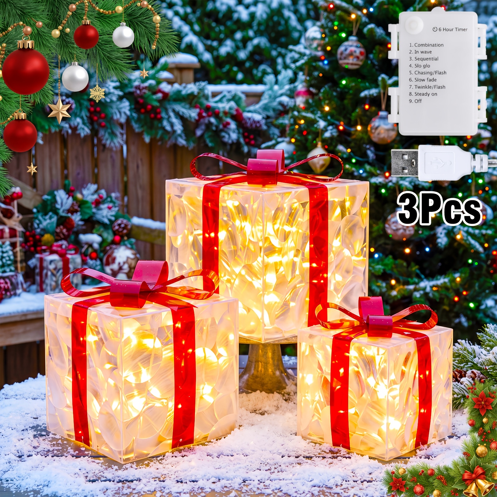 TEMU 3 Pack Christmas Gift Box Usb Battery 8 Flash Warm White Red Bow Shining Led For Holiday Scenery Xmas Gift Home Decor Outdoor Lighting Party