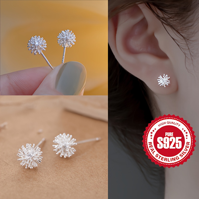 

925 Sterling Silver Round Ball Flower Stud Earrings Dandelion Daily Dressing Hypoallergenic Ear Jewelry Ornament