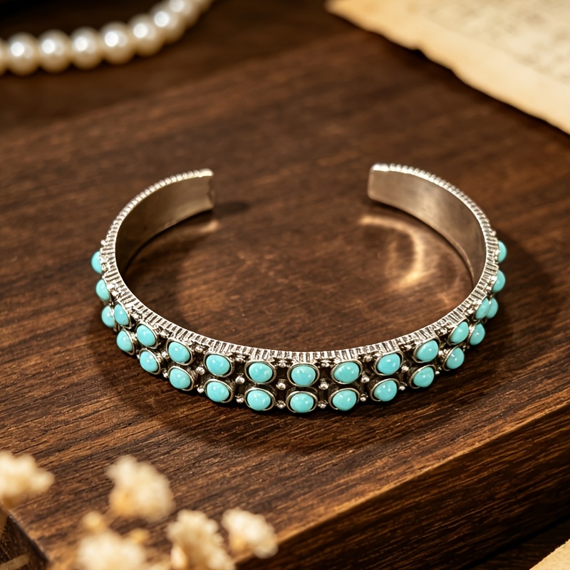 TEMU A Double-row Round Synthetic Turquoise Inlaid Distressed Carved Alloy Adjustable Women's Bracelet