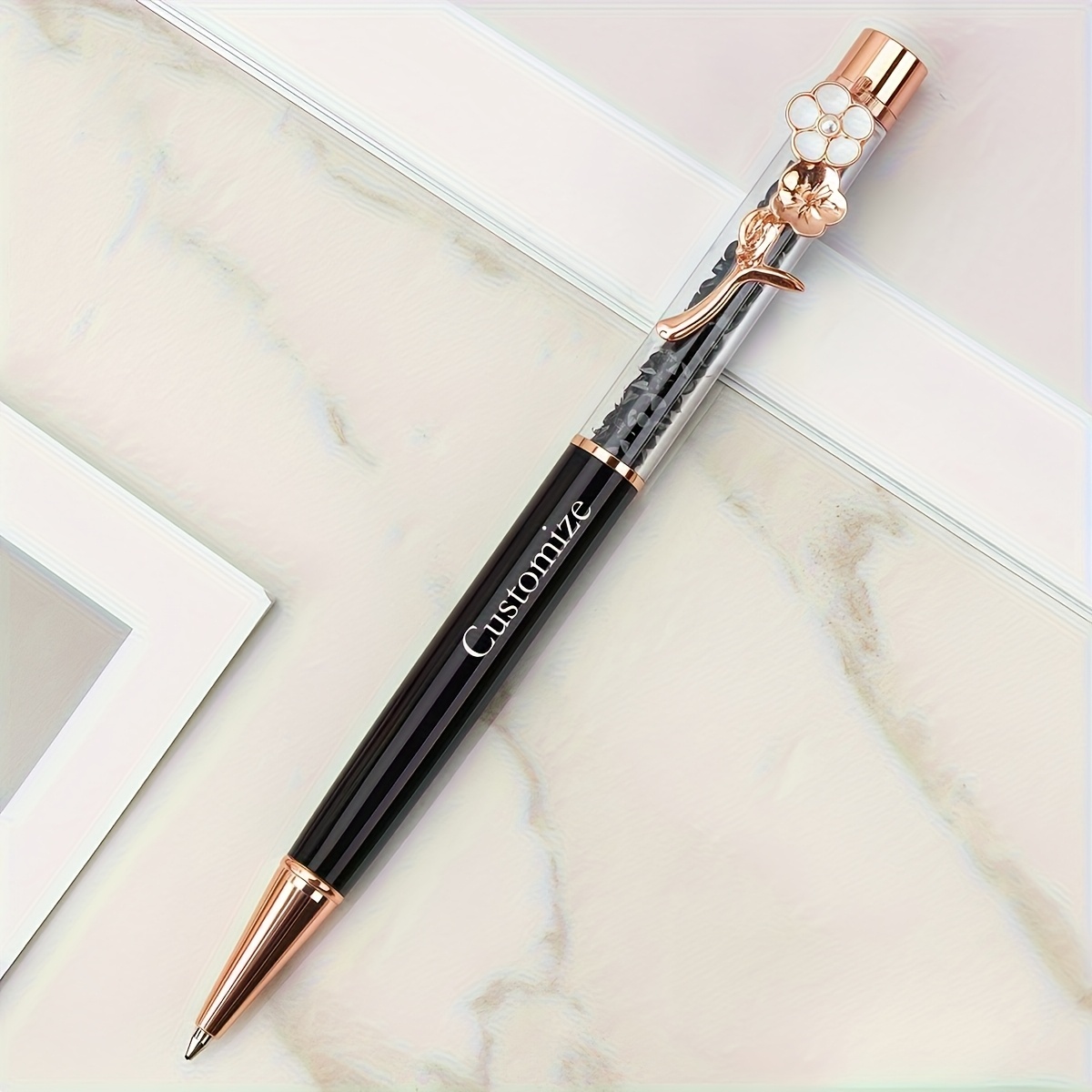TEMU Custom Engraved Flower Pen Holder With Metal Rhinestone Design - Smooth Writing Grip, Christmas, Birthdays & | Unisex Fashionable Promotional