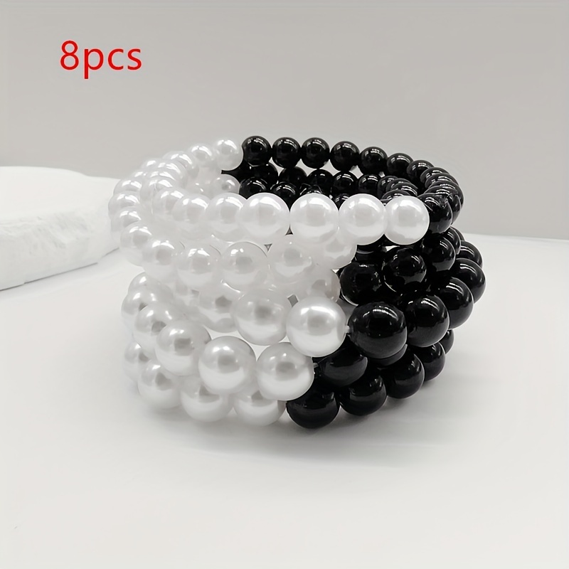 

8pcs Chic Black & White Faux Pearl Beaded Bracelet Set - Stretchy, Gothic/minimalist Style For Casual Attire & Gifting