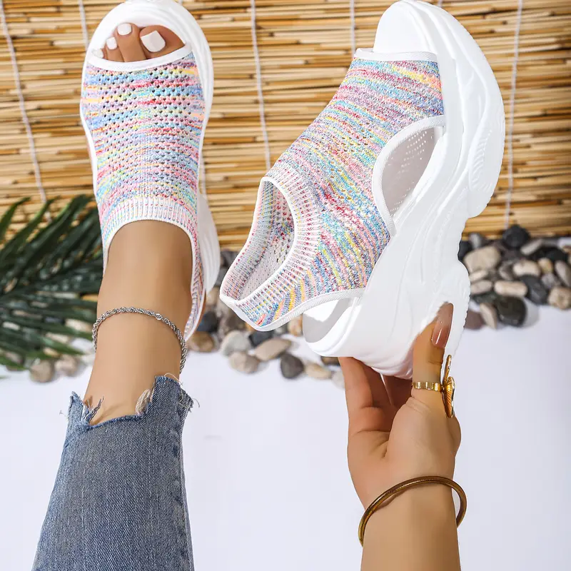 womens lightweight breathable crochet wedge sandals open toe thick sole casual shoes with ankle strap white colorful geometric for casual attire strappy sandals Product details 6