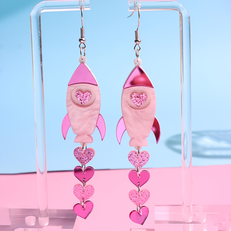 

Valentine's Day Gift - Rocket Dangle Earrings, Cute Acrylic Women' Jewelry With Alloy Posts For And Gifting, Gift For Her|heart Motif Earrings|