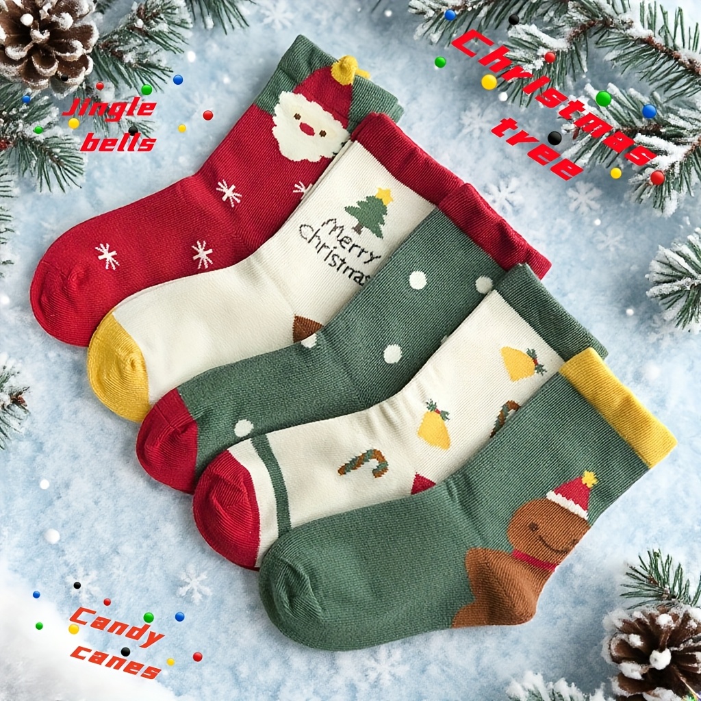Image of 5 Pairs Christmas Children Socks, Cartoon Christmas Skin-friendly Fabric, Christmas Gift, , Christmas Tree, Candy Cane, New Year Student Socks, Fall And Winter Clothes