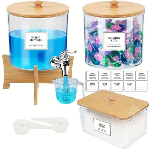3pcs detergent dispenser laundry room organization laundry pods container dryer sheet holder with lids labels fabric softener dispenser for detergent powder dryer balls beads