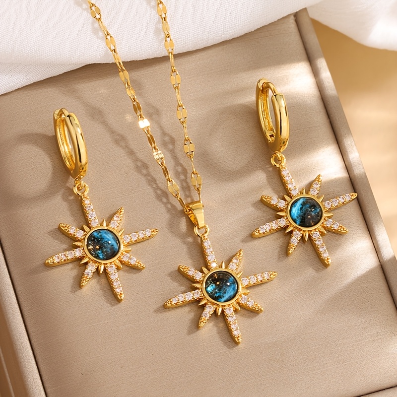 TEMU 3pcs Trendy Fashion Stainless Steel Necklace And Earrings Set / Necklace, Pair Of Earrings / Suitable For Women' Wear And Parties / Exquisite