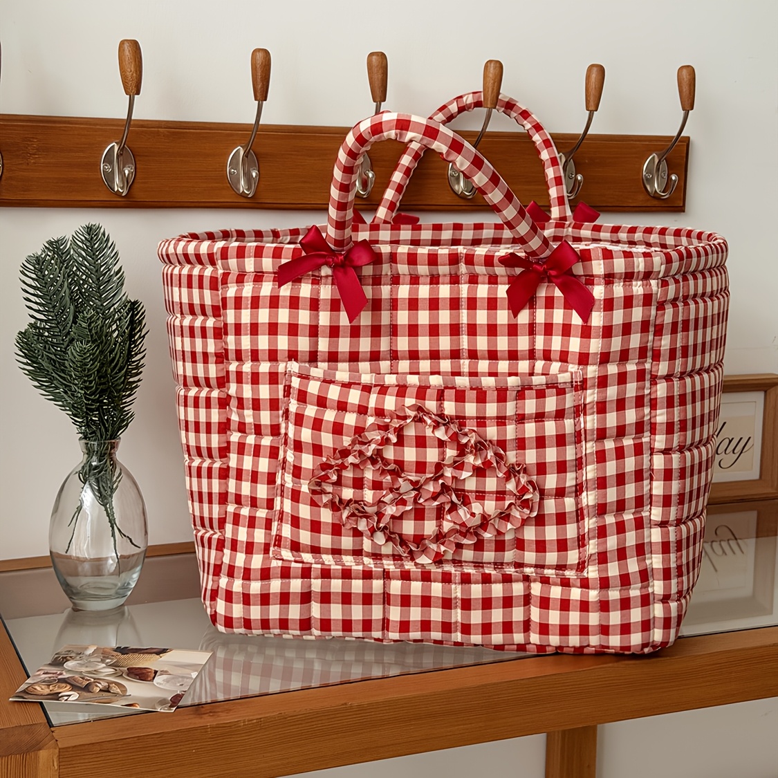 Image of Red Storage Basket Vintage Quilted Shopping Bag | Cute Lace Trim Tote Bag, Large Capacity Zipper Heart-shaped Handbag, Suitable For Weekend , Daily Use, And Picnics, Shelf Baskets