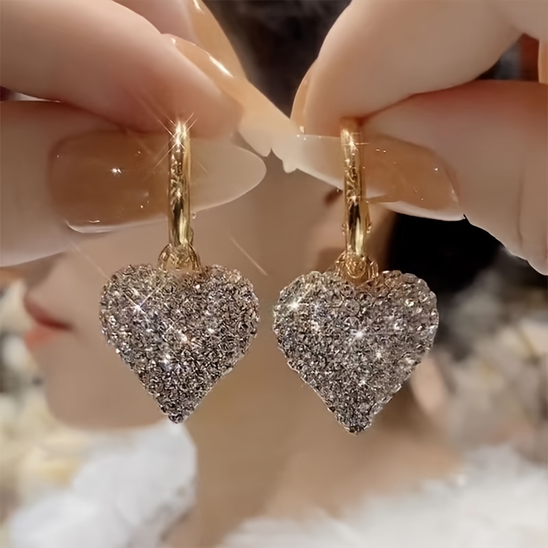 

1 Pair Alloy Heart Earrings, Sparkling Rhinestone Studded, Ideal For Parties & Daily Wear