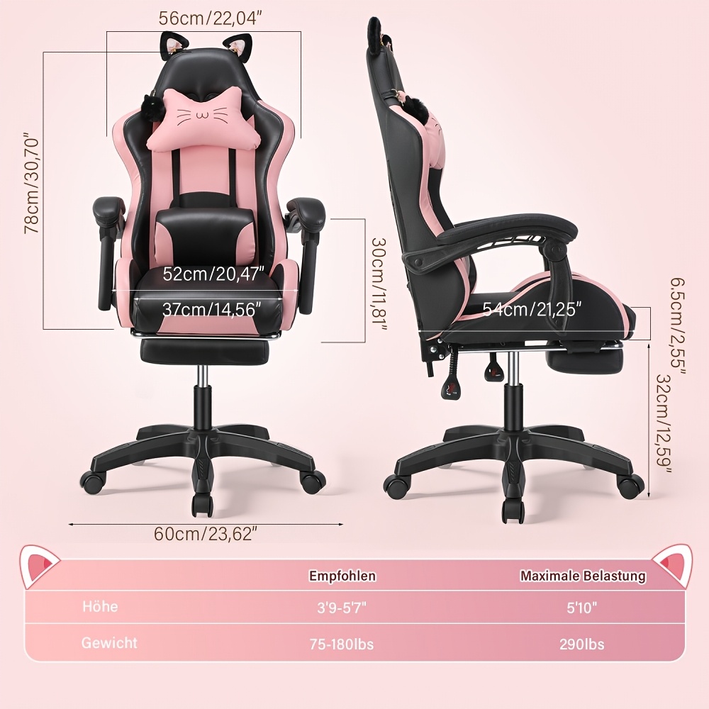 Image of Pink And Black Gaming Chair, 360° Rotating Chair With Headrest, Cute Cat Paw Decoration, Adjustable Backrest, Office Chair, Can Bear 130kg, Suitable For Female , Suitable As A Gift