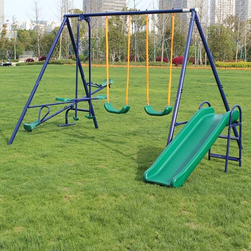 outdoor backyard garden heavy a shaped frame metal swing set including swing slide and glider and metal rocking chair