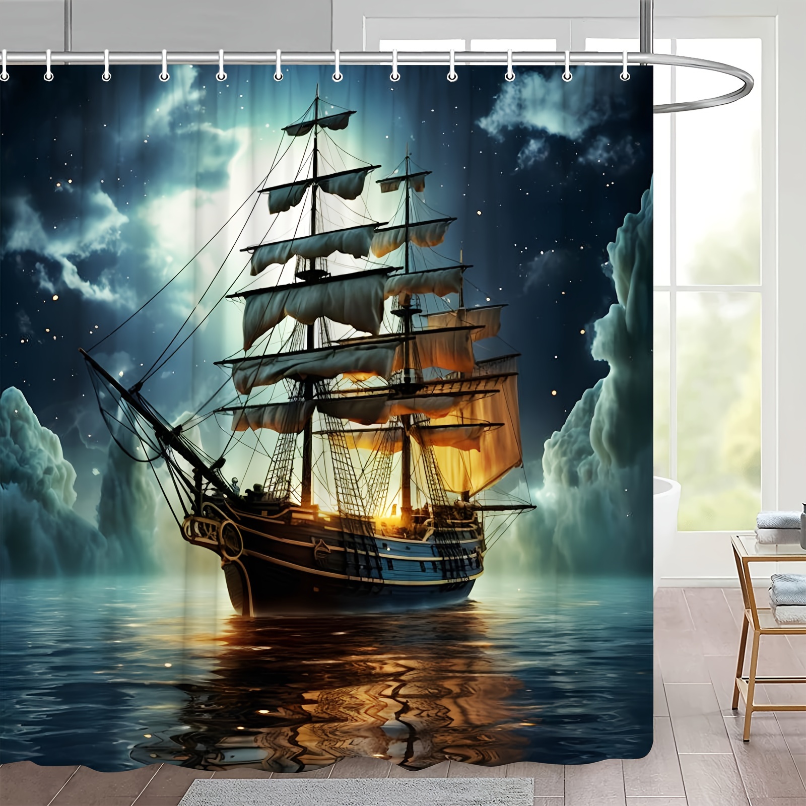 

1pcspirate Ship Shower Curtain Nautical Vintage Sailboat Ocean Night Themed Home Bathroom Polyester Fabric Curtains With Hooks