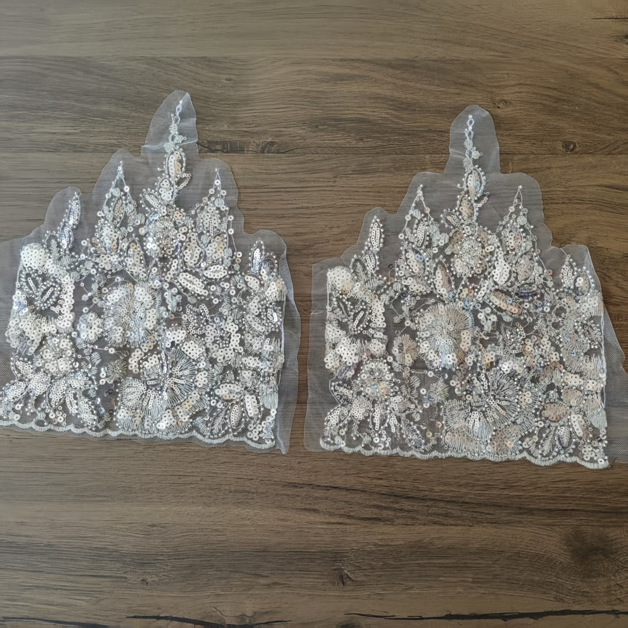 Image of 2pcs Of Silvery-colored Luxurious Heavy-weight Lace Sequin Decorations, Used As Additions For Denim Clothing. Sewing And Hand-stitching
