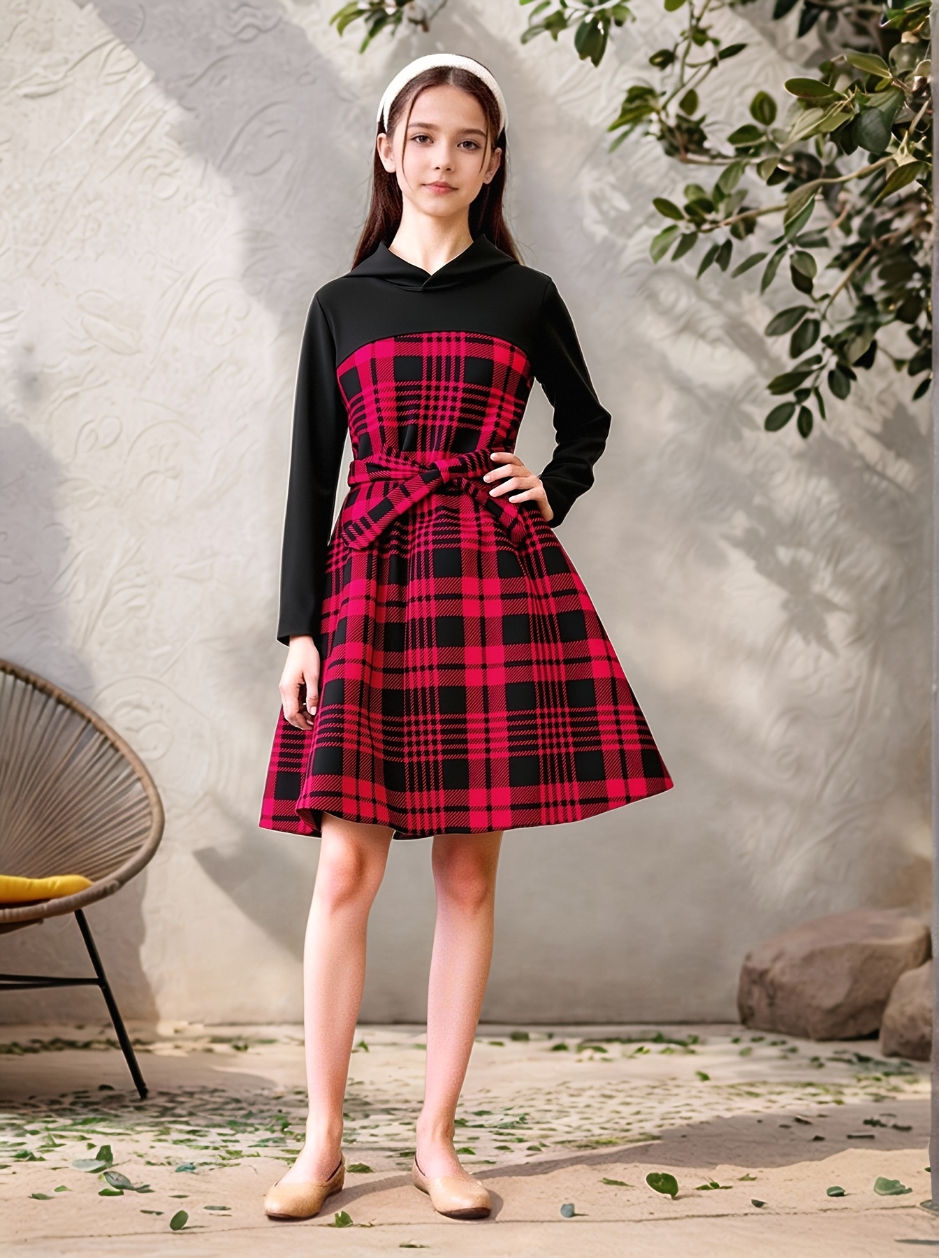 girls casual hooded dress grid ideal spring