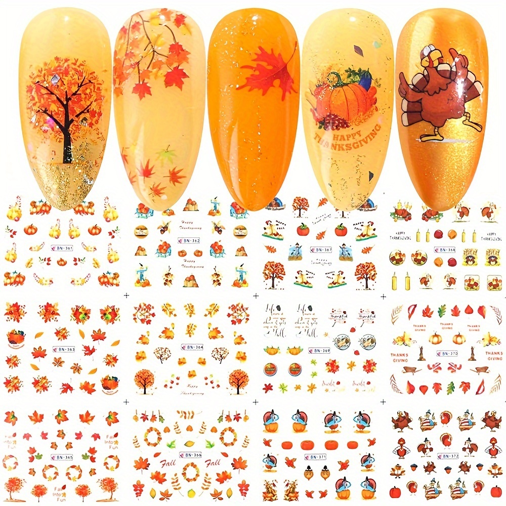 

12pcs Autumn Nail Art Stickers - Maple Leaf, Turkey And | Adhesive Transfer Stickers For Women's Acrylic Nails | Thanksgiving Decorations