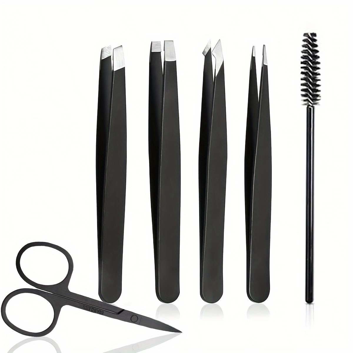 

6pcs Precision Eyebrow Grooming Kit - Stainless Steel Tweezers Set With Curved Scissors And Eyelash Brush, Slant, Pointed, Flat, Angle Tips For Effective Facial Hair Removal And Eyebrow Shaping