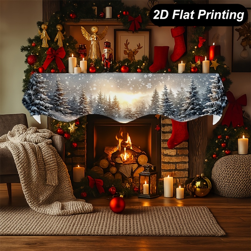 TEMU 1pc 2d Flat Christmas Fireplace Mantel Scarf, Snow Trees Flakes Sky Pines Sun Christmas Fireplace Scarf Cover, 78.7x19.6 Inches, Living Room