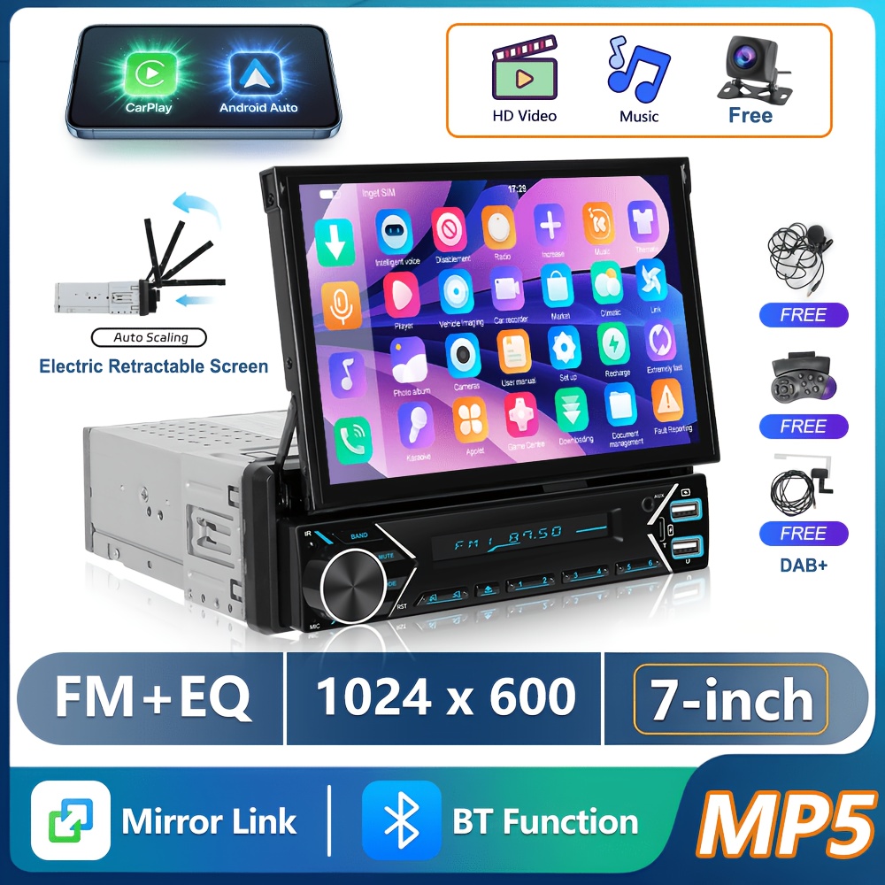 [dab+] 7 Inch Electric Retractable Screen Car Stereo Radio With And Auto, Wired , Bluetooth, Usb, Type-c, Steering Wheel Control, Digital Audio Broadcasting (dab+)car Accessory+camera(free)