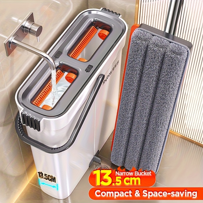 TEMU Hand-free Mop And Bucket Set, Large Flat Mop And , 2-compartment-separate Water, Flat Mops For Floor Cleaning With 2 Reusable Microfiber Pads,
