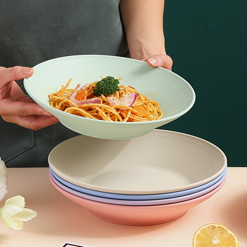 Image of Set Of 5 Large Round Plastic Dinner Plates - Featuring A Striped Design On The Sides, Perfect For Noodles, Steak, Salad, Fish, And Fruit - Durable And Stylish Tableware For Home Or Restaurant Use