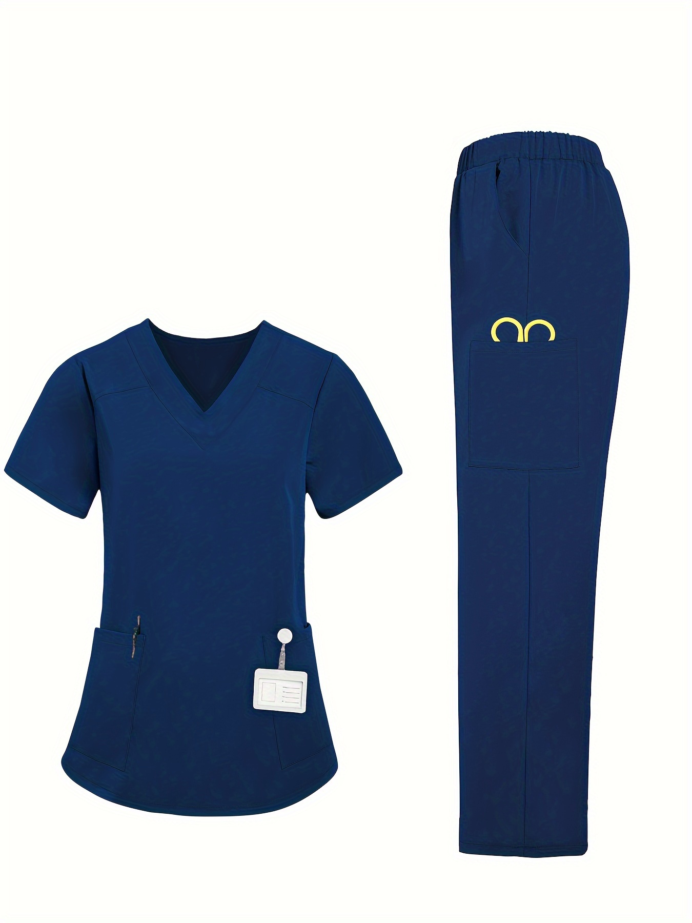 Genç Stil Polyester Scrub Seti, V-Yaka Üst ve Pantolon, Düz Renk, Slight Esnek Kumaş, Kısa Kollu - Tüm Mevsimler için Unisex Tıbbi Üniformalar (Üst 2, Pantolon 4) Cebi ile