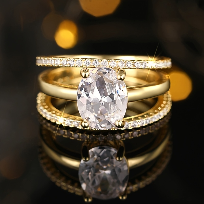 3pcs/Set Oval Cut CZ Engagement and Wedding Band Set