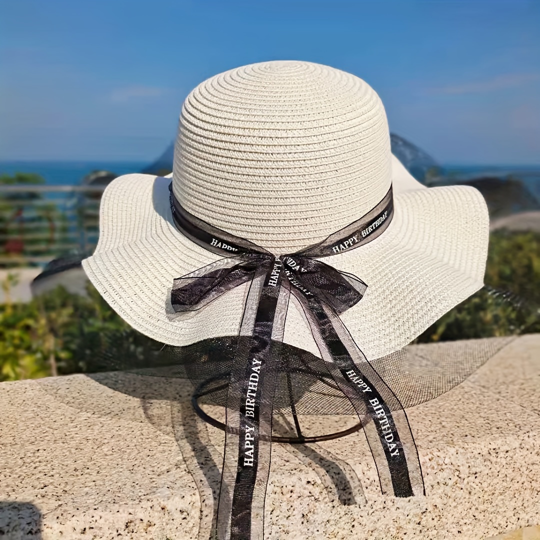Wide Brim Mesh Trim Sun Hats Elegant Ruffle Ribbon Bowknot Straw Hats Trendy Travel Beach Hats for Women Girls Summer Outdoor,SUN/UV Protection,Temu