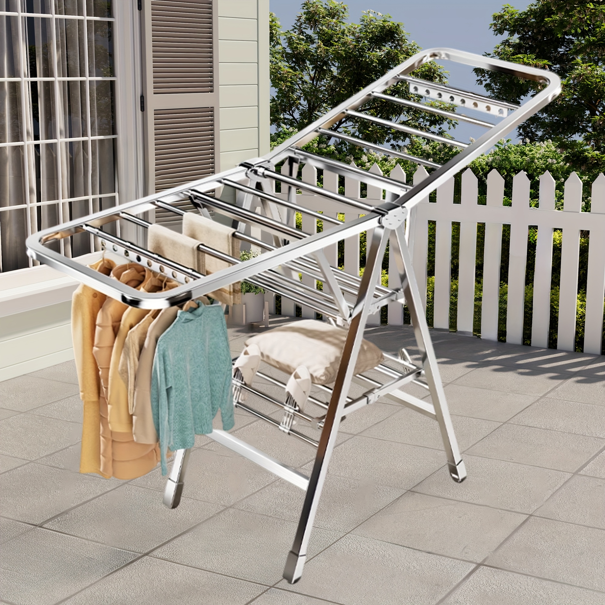 TEMU 1pc Foldable Multi-functional Drying Rack, Folding Design, Stainless Steel Clothing Drying Rack - Foldable Drying Rack, Height Adjustable, Space