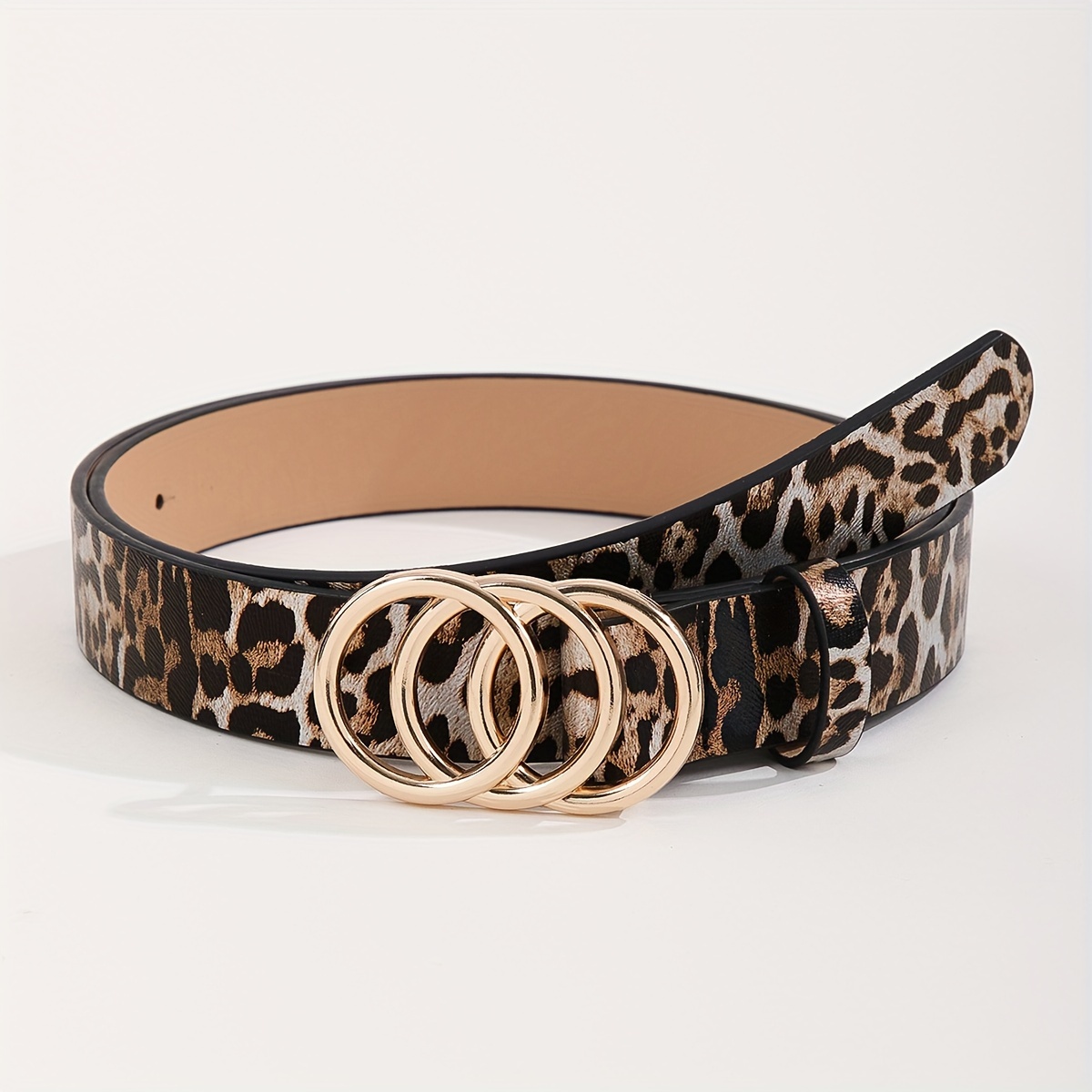 

Women's Fashion Belt 2.8cm Width Glossy Triple Ring Buckle Casual & Business Style, Leopard/taupe/green Options