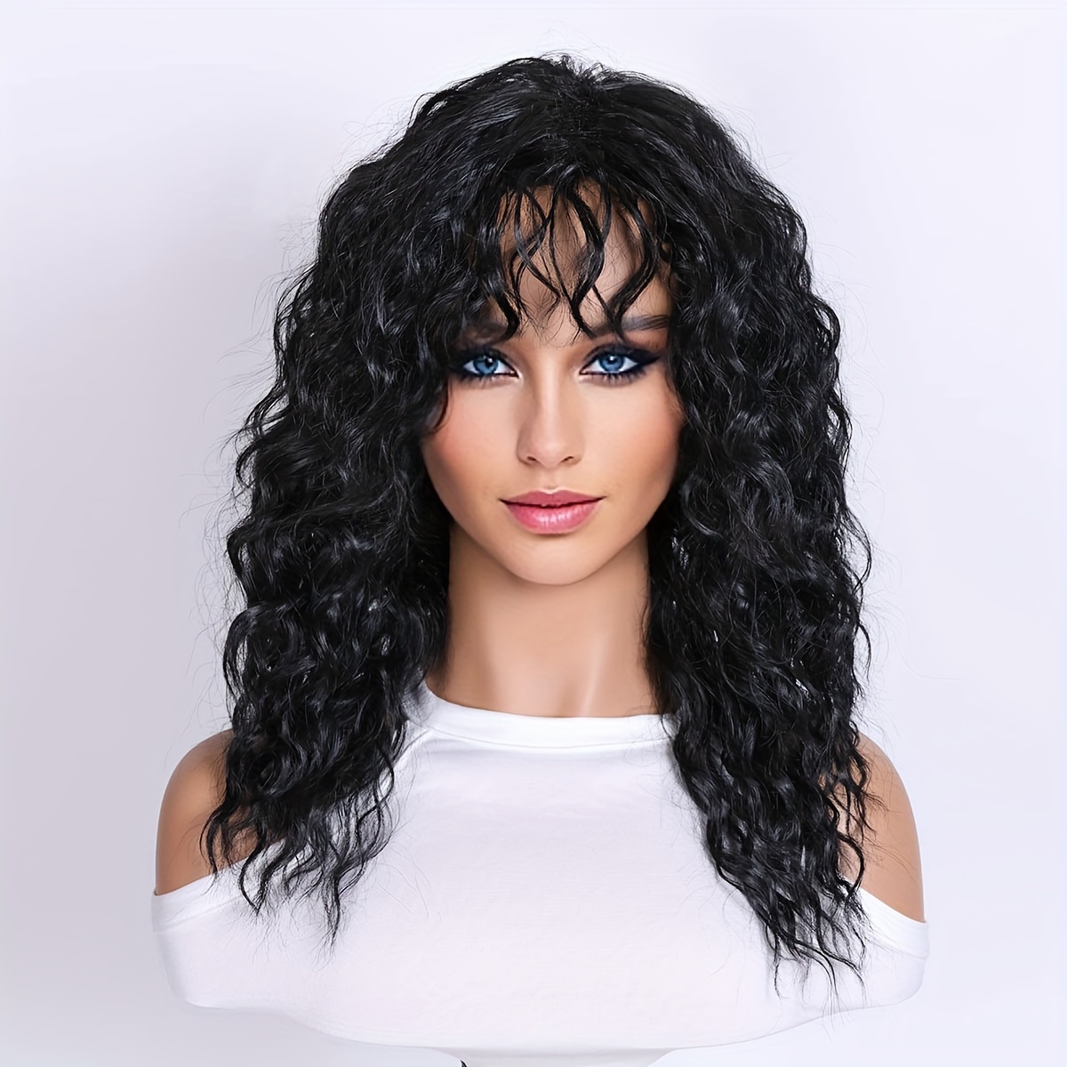 

Chic 18-inch Long Curly Wig With Bangs For Women - Heat Resistant Synthetic Hair In Black, Grey, Or Brown - Perfect For Daily Wear & Halloween Parties