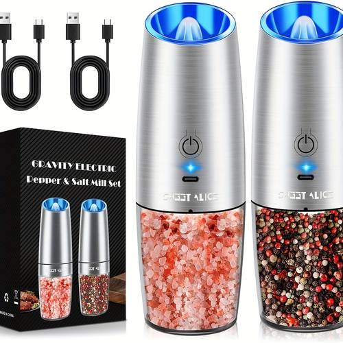 rechargeable electric salt and pepper grinder set pepper and salt grinder set automatic grinder set battery free gravity switch and led hand automatic black pack of 2